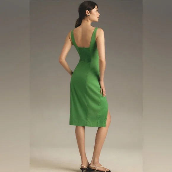 ✨ Anthropologie Sleeveless Square-Neck Linen Button Wrap Midi Dress Sz L - Picture 2 of 8